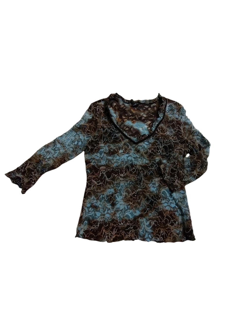 GUC Tribal Sheer Lace-Detail V-Neck Long Sleeve Top - Blue & Dark Blue XL
